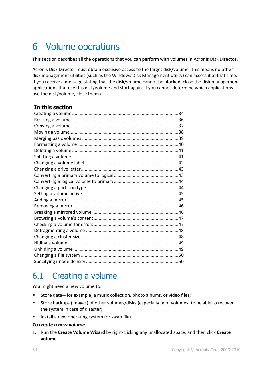 6 volume operations, 1 creating a volume, Volume operations | Creating a volume, P. 34) | Acronis Disk Director 11 Advanced Workstation - User Guide User Manual | Page 34 / 92