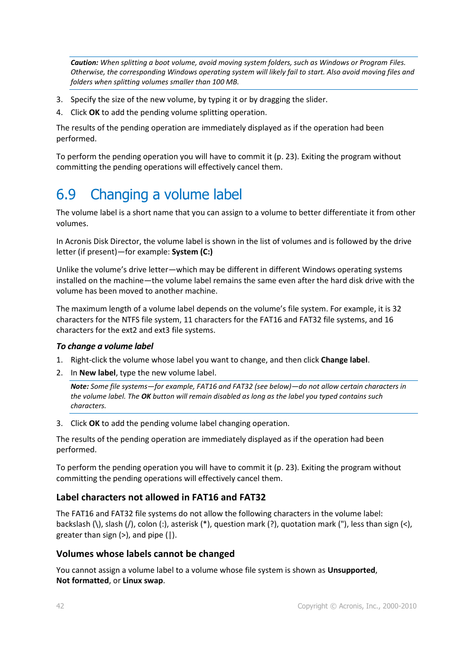 9 changing a volume label, Changing a volume label | Acronis Disk Director 11 Advanced Workstation - User Guide User Manual | Page 42 / 92