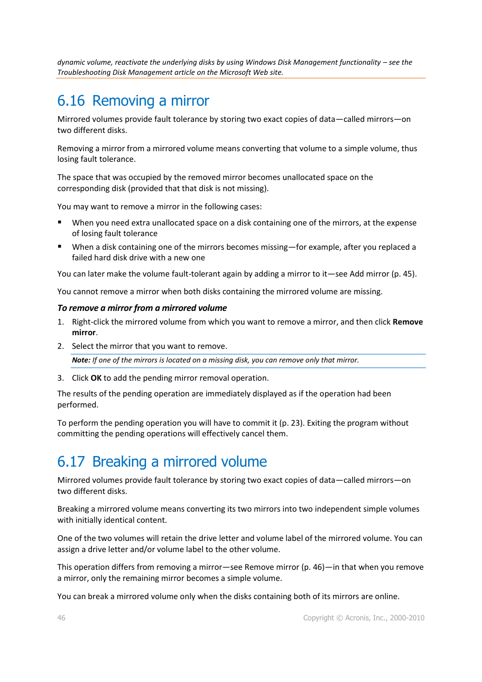 16 removing a mirror, 17 breaking a mirrored volume, Removing a mirror | Breaking a mirrored volume | Acronis Disk Director 11 Advanced Workstation - User Guide User Manual | Page 46 / 92