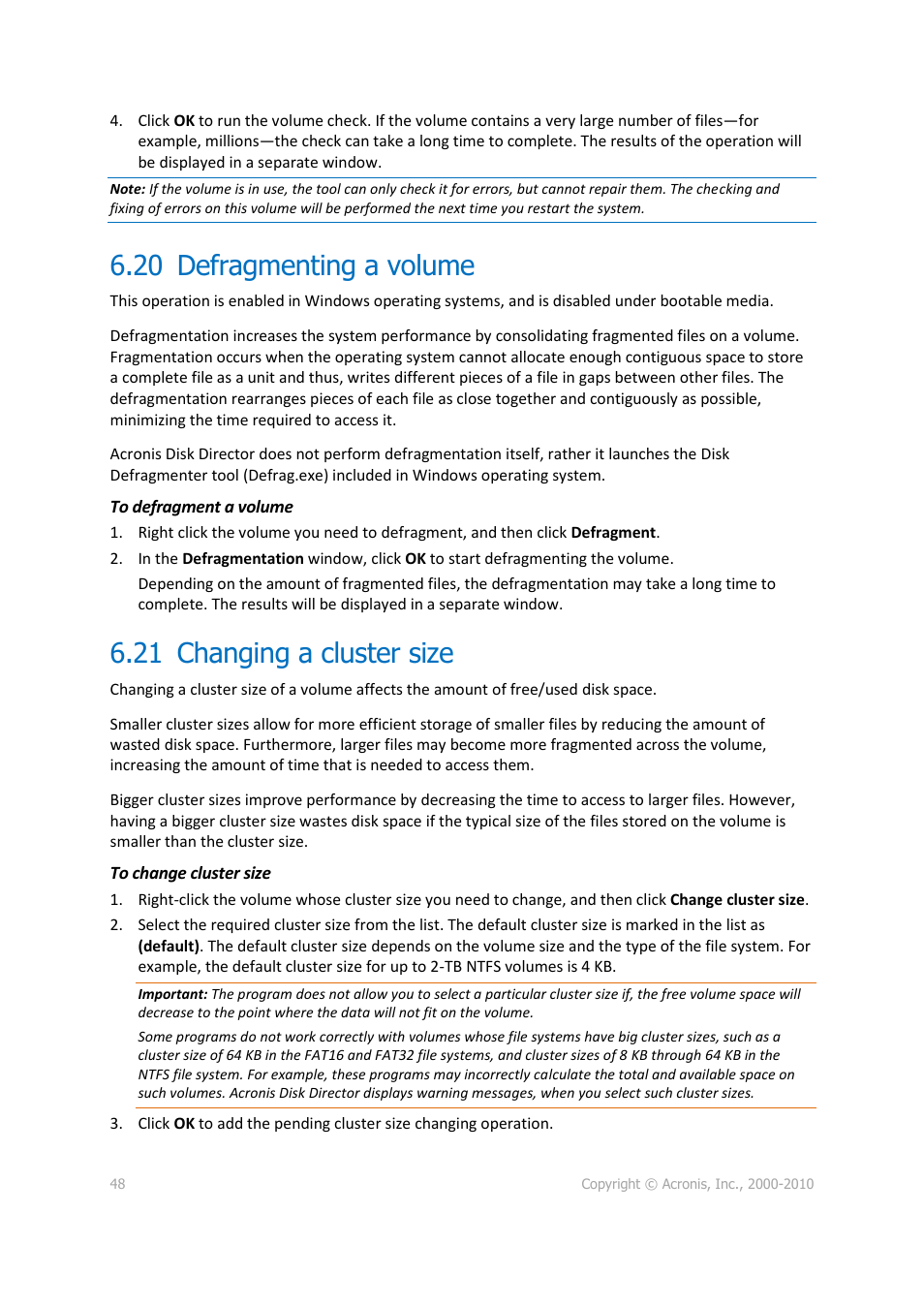 20 defragmenting a volume, 21 changing a cluster size, Defragmenting a volume | Changing a cluster size | Acronis Disk Director 11 Advanced Workstation - User Guide User Manual | Page 48 / 92