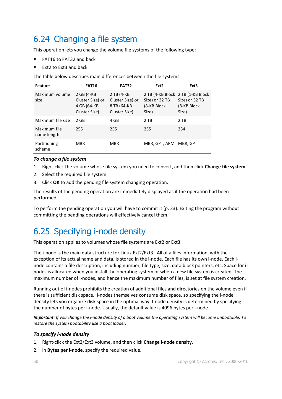 24 changing a file system, 25 specifying i-node density, Changing a file system | Specifying i-node density | Acronis Disk Director 11 Advanced Workstation - User Guide User Manual | Page 50 / 92