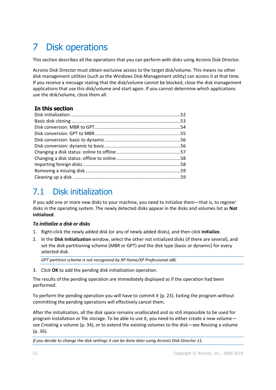 7 disk operations, 1 disk initialization, Disk operations | Disk initialization, P. 52) | Acronis Disk Director 11 Advanced Workstation - User Guide User Manual | Page 52 / 92