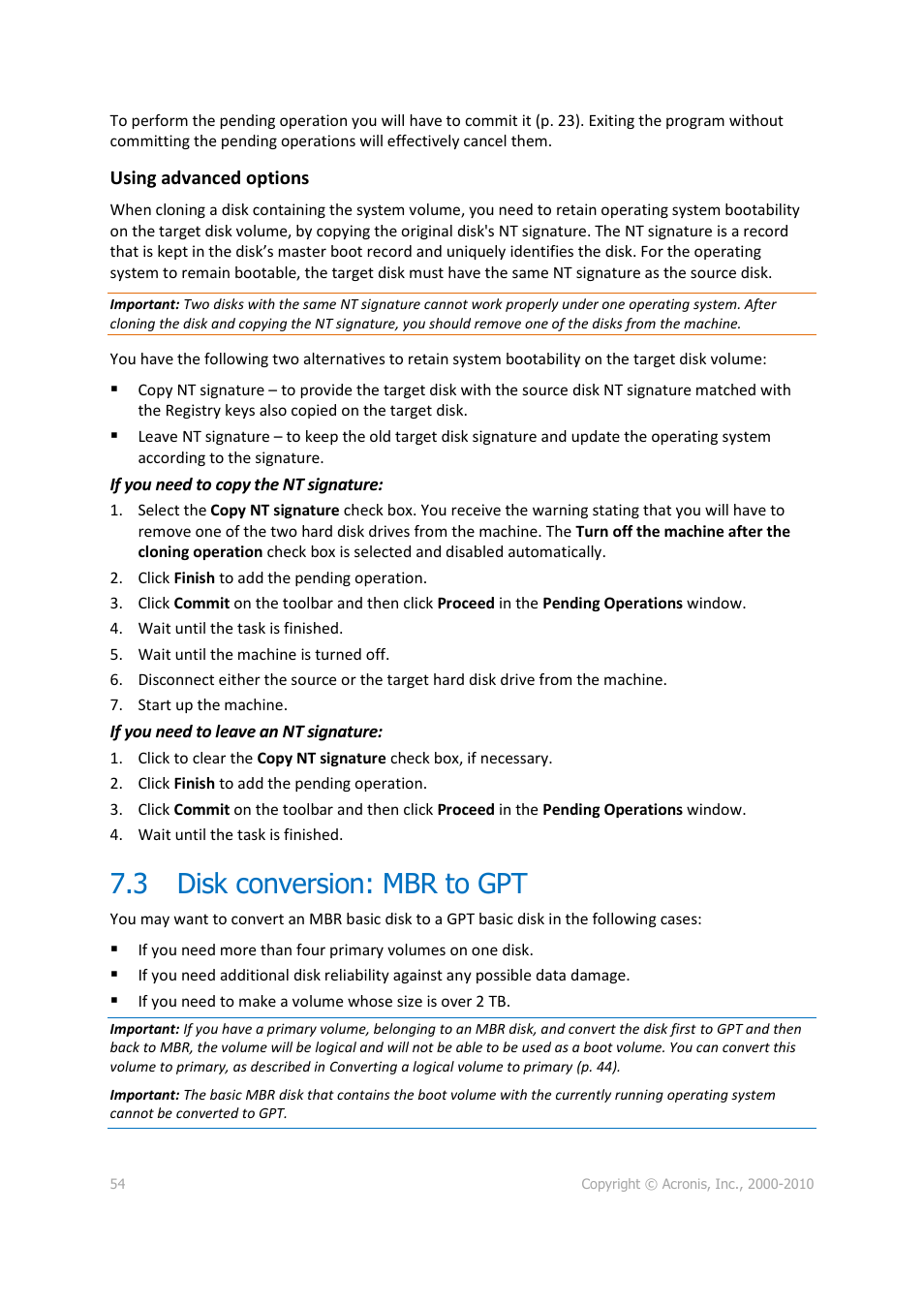 3 disk conversion: mbr to gpt, Disk conversion: mbr to gpt, P. 54) | Acronis Disk Director 11 Advanced Workstation - User Guide User Manual | Page 54 / 92