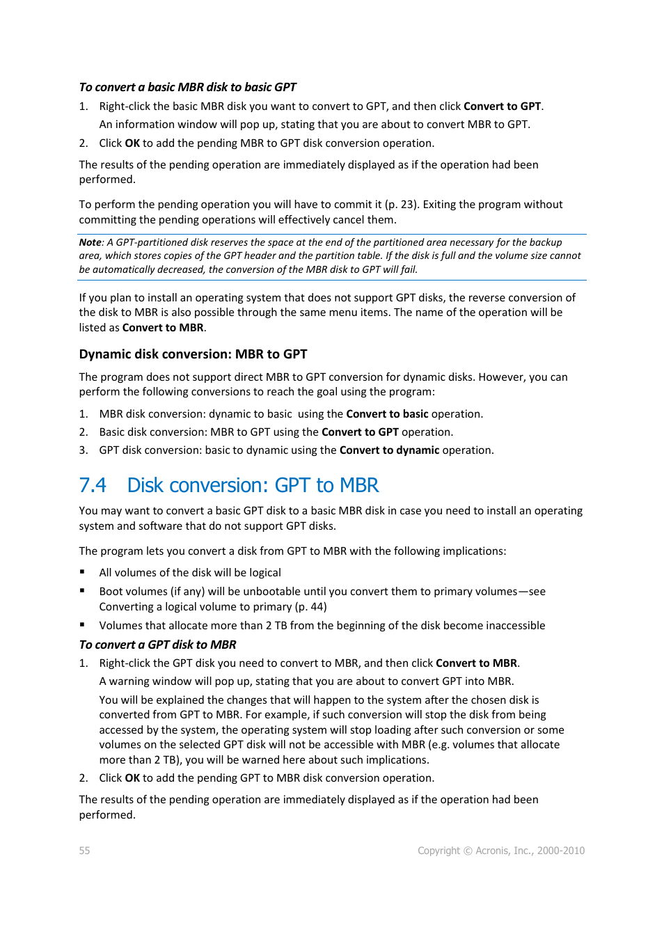 4 disk conversion: gpt to mbr, Disk conversion: gpt to mbr | Acronis Disk Director 11 Advanced Workstation - User Guide User Manual | Page 55 / 92