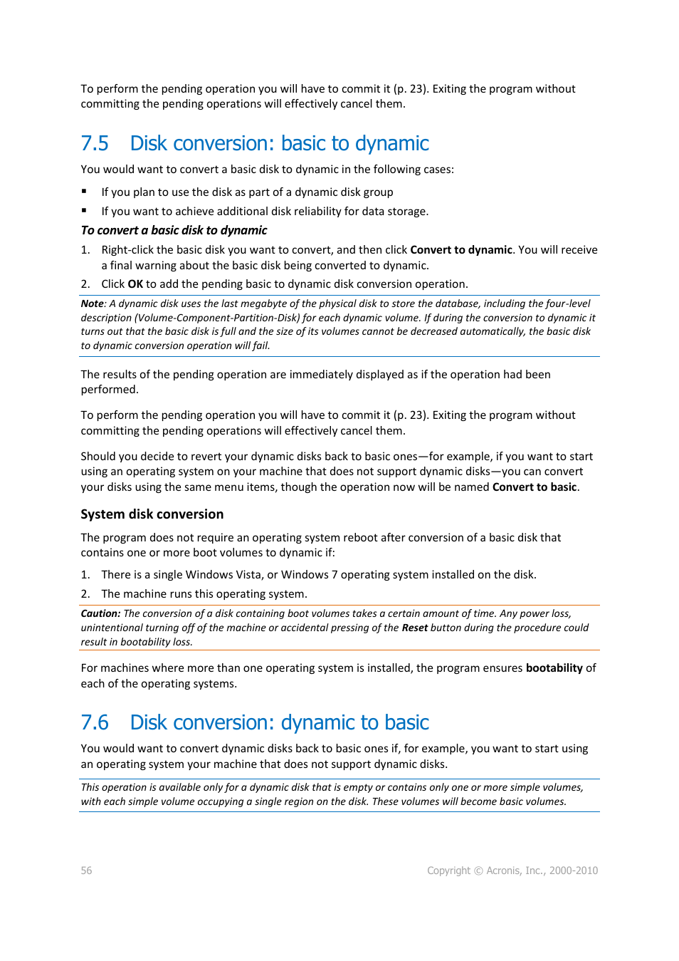 5 disk conversion: basic to dynamic, 6 disk conversion: dynamic to basic, Disk conversion: basic to dynamic | Disk conversion: dynamic to basic, P. 56) | Acronis Disk Director 11 Advanced Workstation - User Guide User Manual | Page 56 / 92