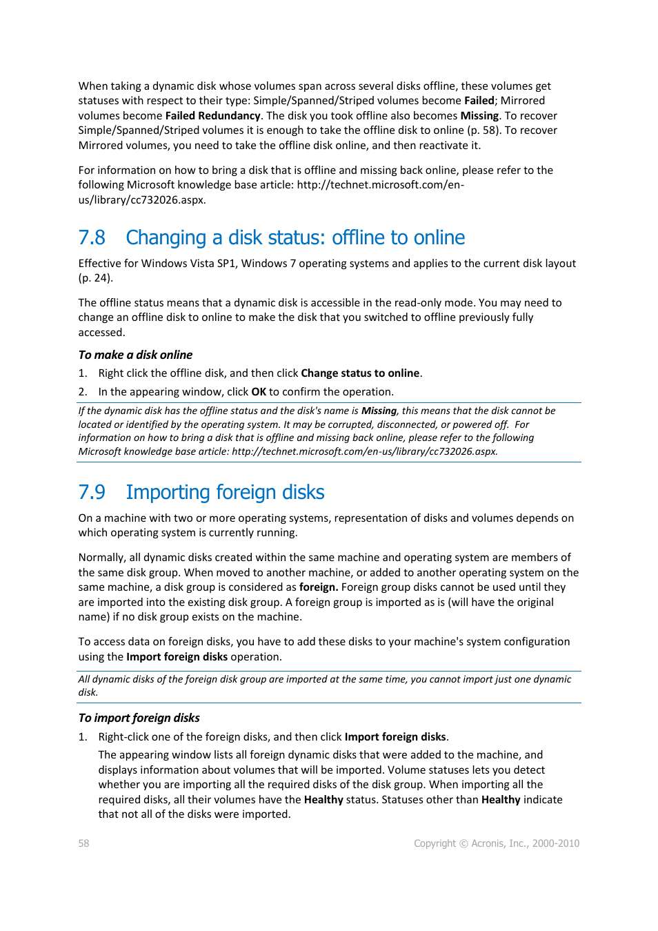 8 changing a disk status: offline to online, 9 importing foreign disks, Changing a disk status: offline to online | Importing foreign disks, P. 58) | Acronis Disk Director 11 Advanced Workstation - User Guide User Manual | Page 58 / 92