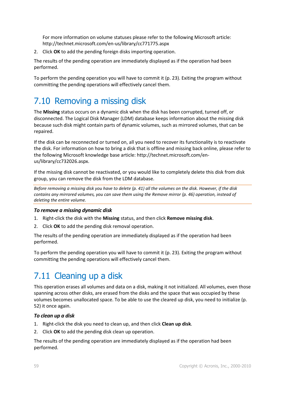 10 removing a missing disk, 11 cleaning up a disk, Removing a missing disk | Cleaning up a disk | Acronis Disk Director 11 Advanced Workstation - User Guide User Manual | Page 59 / 92