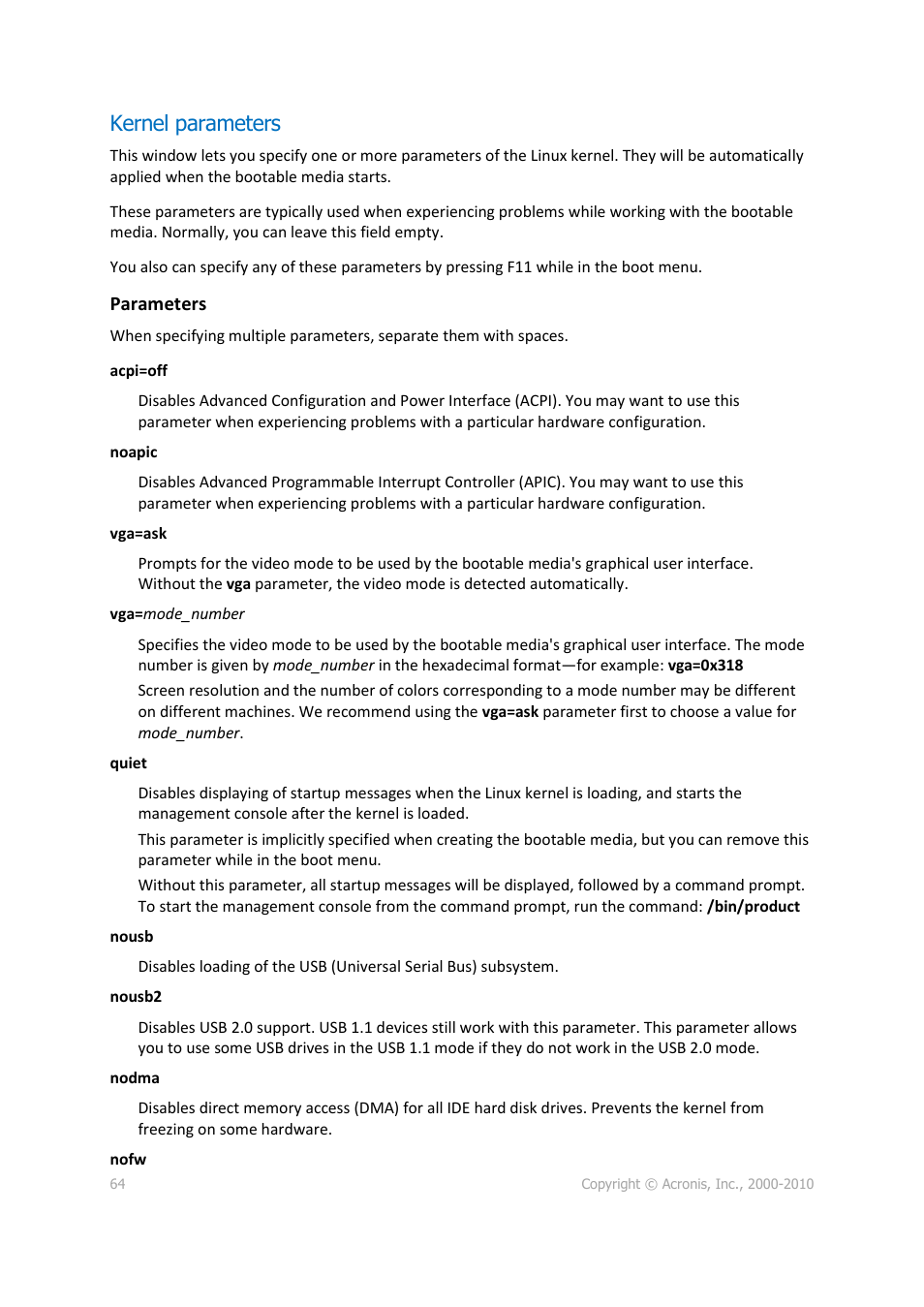 Kernel parameters | Acronis Disk Director 11 Advanced Workstation - User Guide User Manual | Page 64 / 92
