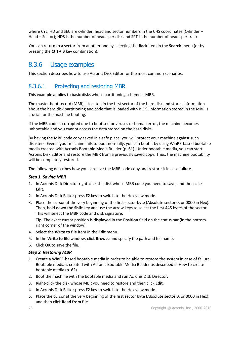 6 usage examples, 1 protecting and restoring mbr, Usage examples | Acronis Disk Director 11 Advanced Workstation - User Guide User Manual | Page 73 / 92