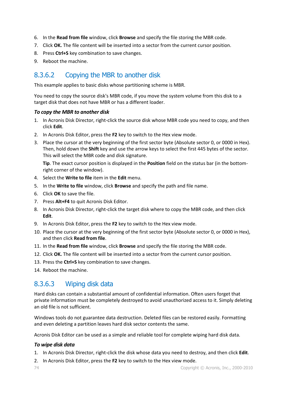 2 copying the mbr to another disk, 3 wiping disk data | Acronis Disk Director 11 Advanced Workstation - User Guide User Manual | Page 74 / 92