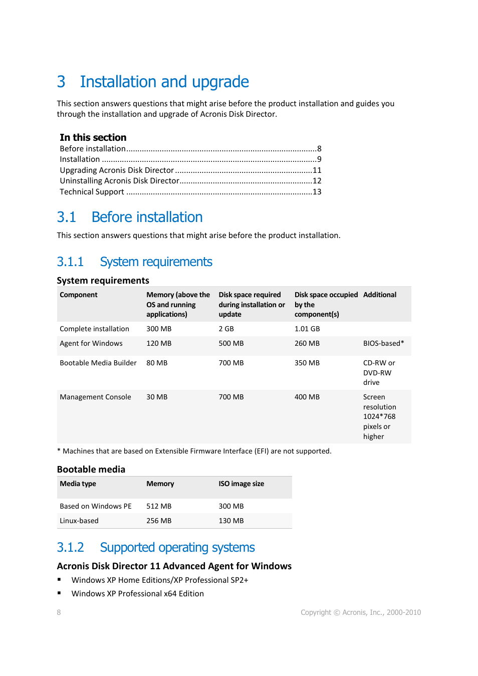 3 installation and upgrade, 1 before installation, 1 system requirements | 2 supported operating systems, Installation and upgrade, Before installation, System requirements, Supported operating systems, Bootable media | Acronis Disk Director 11 Advanced Workstation - User Guide User Manual | Page 8 / 92
