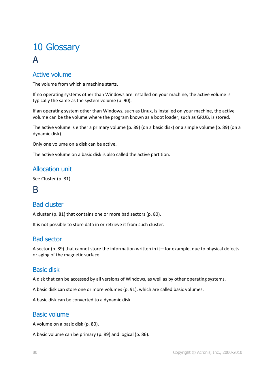 10 glossary, Active volume, Allocation unit | Bad cluster, Bad sector, Basic disk, Basic volume, 10 glossary a | Acronis Disk Director 11 Advanced Workstation - User Guide User Manual | Page 80 / 92