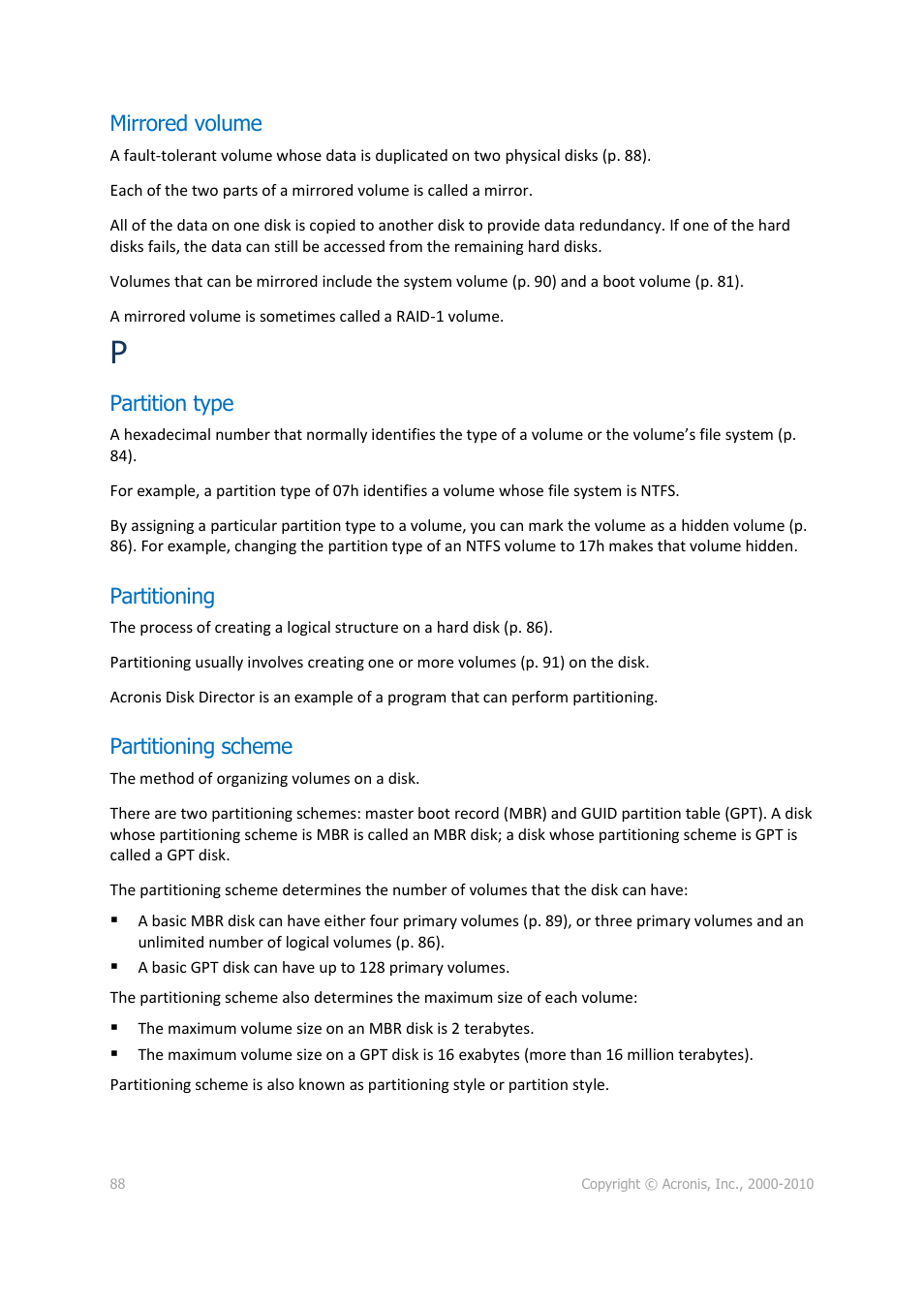 Mirrored volume, Partition type, Partitioning | Partitioning scheme, P. 88), 88). it | Acronis Disk Director 11 Advanced Workstation - User Guide User Manual | Page 88 / 92