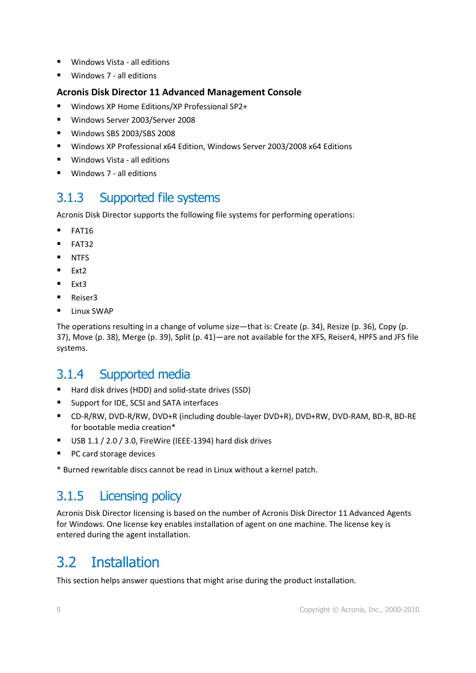 3 supported file systems, 4 supported media, 5 licensing policy | 2 installation, Supported file systems, Supported media, Licensing policy, Installation | Acronis Disk Director 11 Advanced Workstation - User Guide User Manual | Page 9 / 92