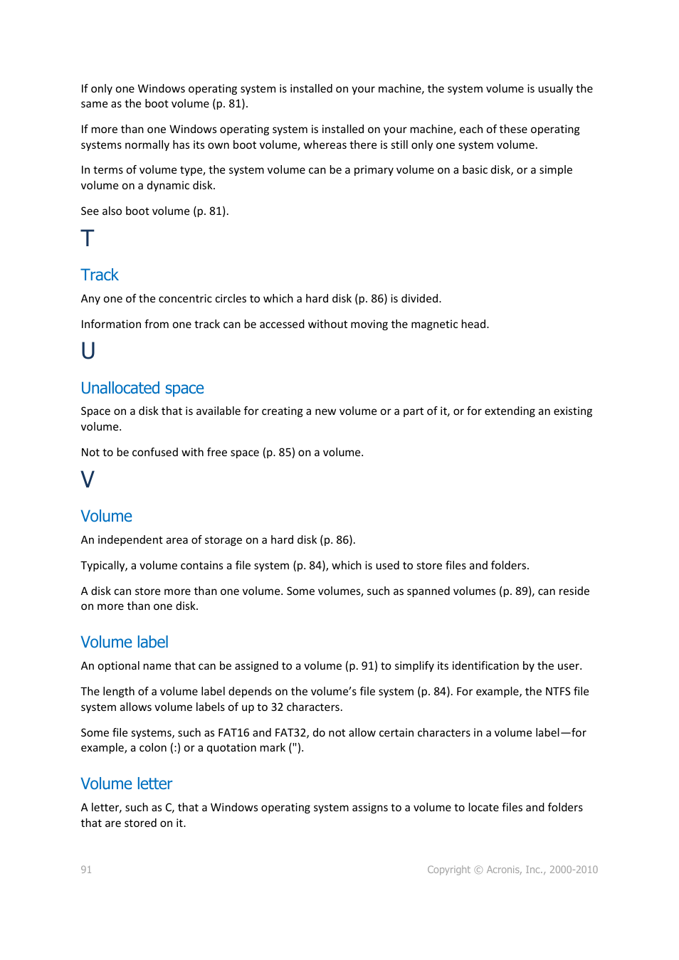 Track, Unallocated space, Volume | Volume label, Volume letter, P. 91) | Acronis Disk Director 11 Advanced Workstation - User Guide User Manual | Page 91 / 92