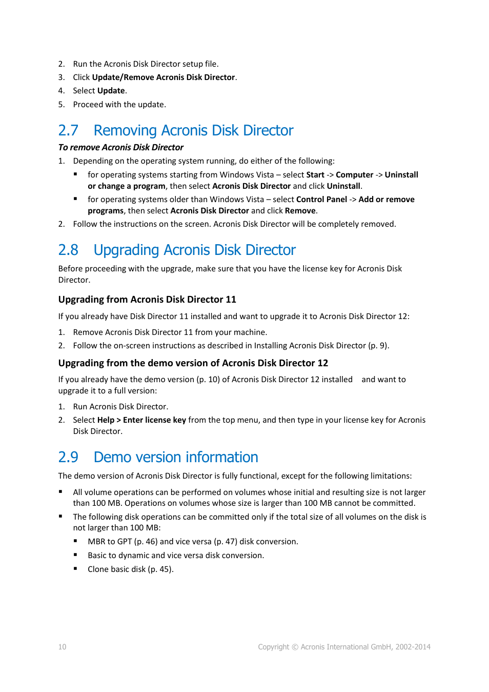 7 removing acronis disk director, 8 upgrading acronis disk director, 9 demo version information | Removing acronis disk director, Upgrading acronis disk director, Demo version information | Acronis Disk Director 12 - User Guide User Manual | Page 10 / 80