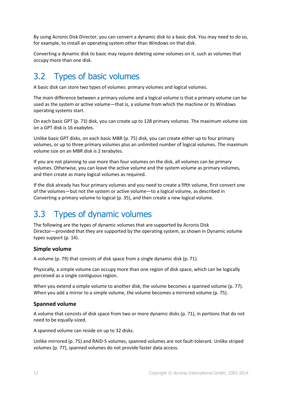 2 types of basic volumes, 3 types of dynamic volumes, Types of basic volumes | Types of dynamic volumes | Acronis Disk Director 12 - User Guide User Manual | Page 12 / 80