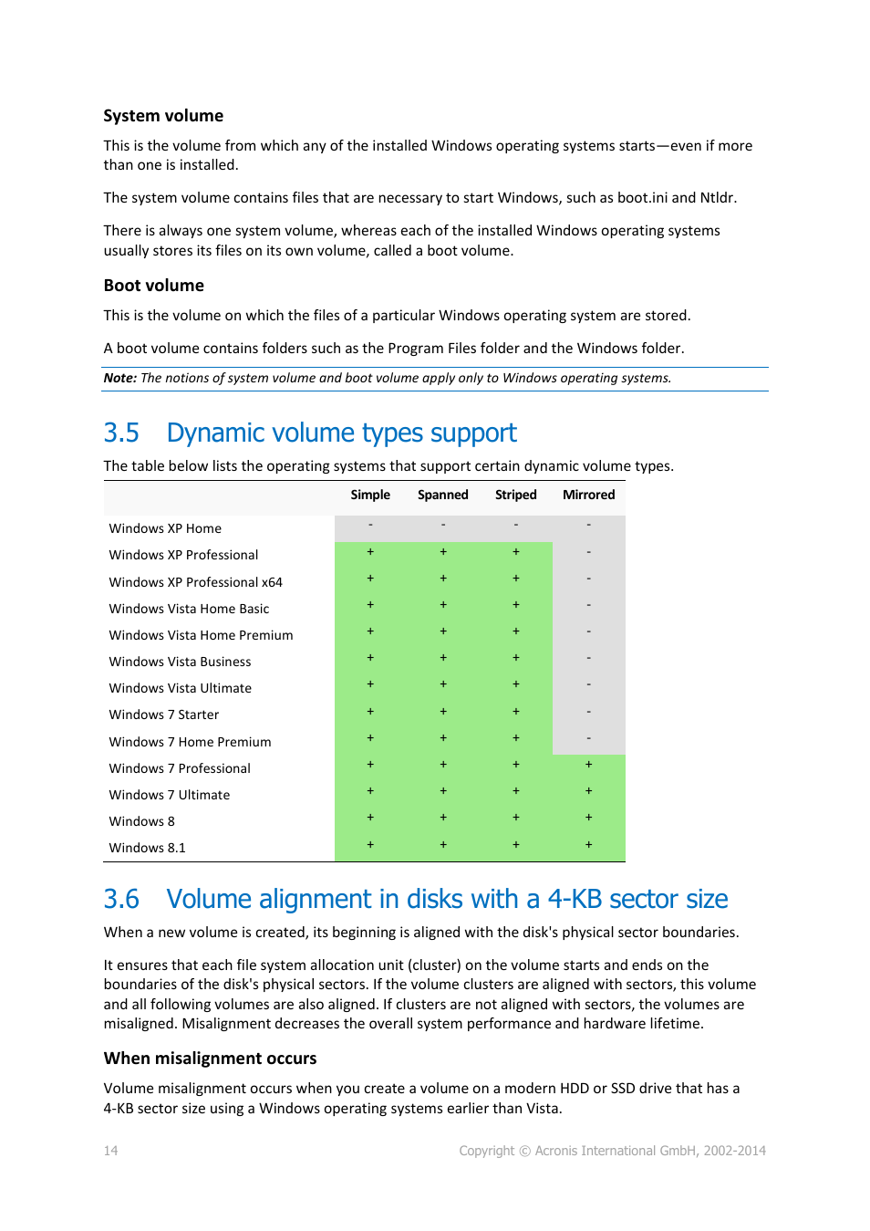 5 dynamic volume types support, Dynamic volume types support, Volume alignment in disks with a 4-kb sector size | System volume, Boot volume, When misalignment occurs | Acronis Disk Director 12 - User Guide User Manual | Page 14 / 80