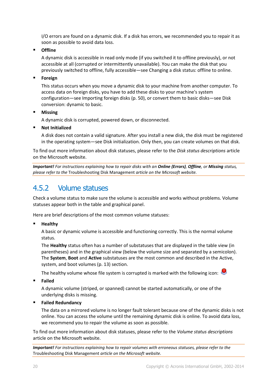 2 volume statuses, Volume statuses | Acronis Disk Director 12 - User Guide User Manual | Page 20 / 80