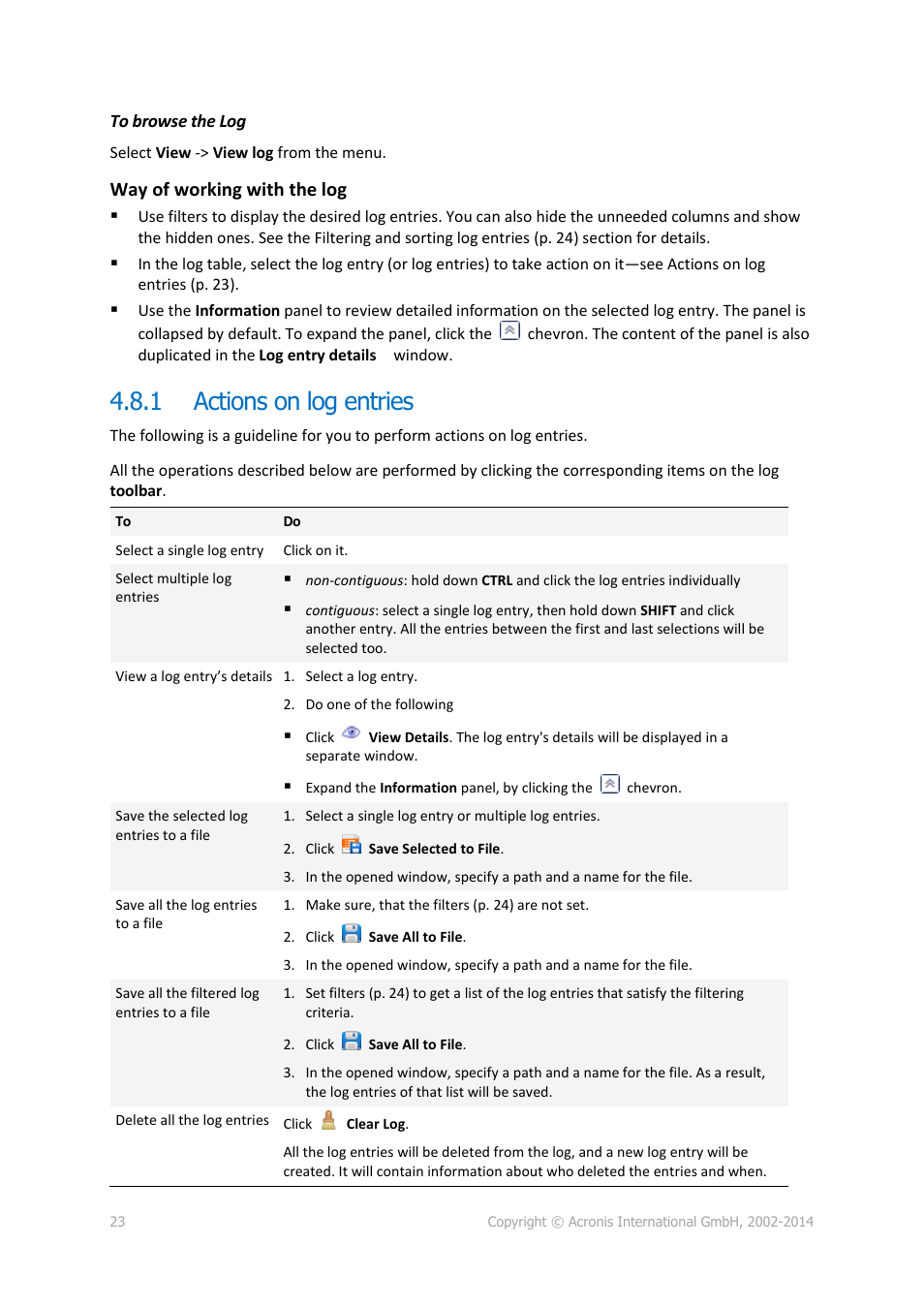 1 actions on log entries, Actions on log entries, Way of working with the log | Acronis Disk Director 12 - User Guide User Manual | Page 23 / 80