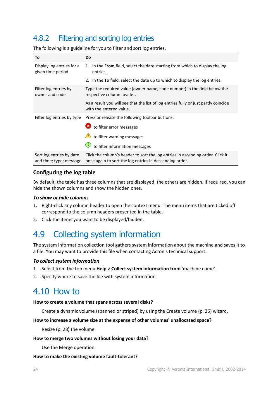 2 filtering and sorting log entries, 9 collecting system information, 10 how to | Filtering and sorting log entries, Collecting system information, How to, 24 how to, 24) a, 24) t | Acronis Disk Director 12 - User Guide User Manual | Page 24 / 80