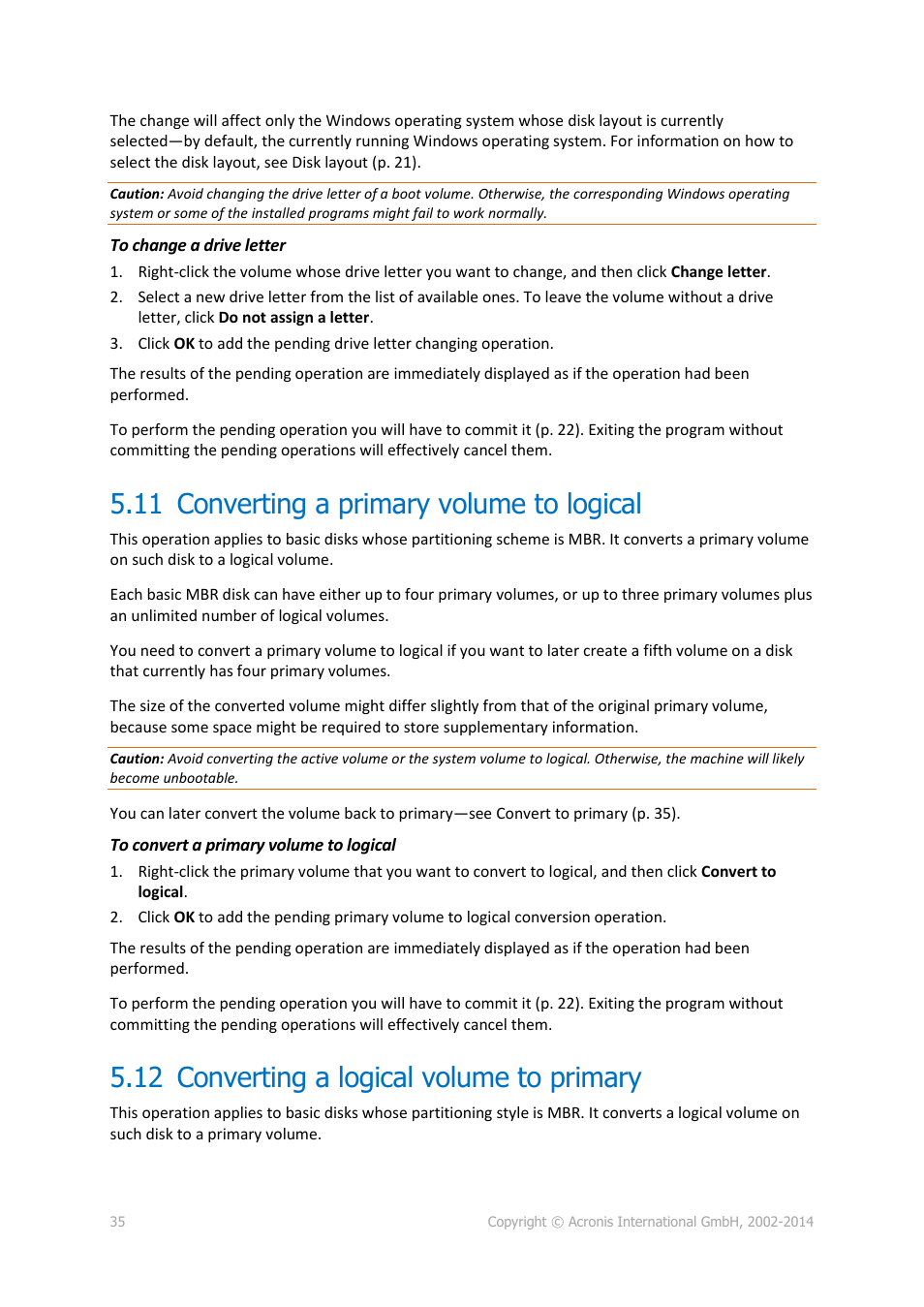 11 converting a primary volume to logical, 12 converting a logical volume to primary, Converting a primary volume to logical | Converting a logical volume to primary, P. 35) | Acronis Disk Director 12 - User Guide User Manual | Page 35 / 80