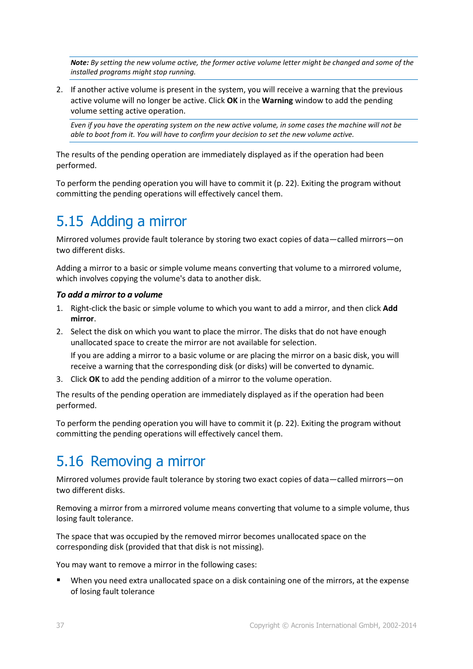 15 adding a mirror, 16 removing a mirror, Adding a mirror | Removing a mirror | Acronis Disk Director 12 - User Guide User Manual | Page 37 / 80