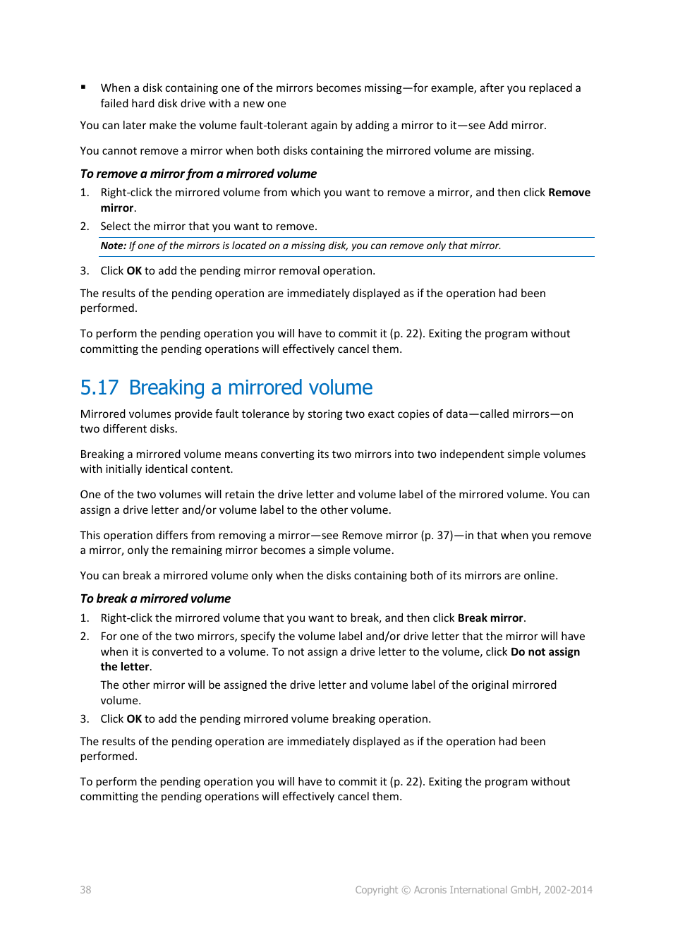 17 breaking a mirrored volume, Breaking a mirrored volume | Acronis Disk Director 12 - User Guide User Manual | Page 38 / 80