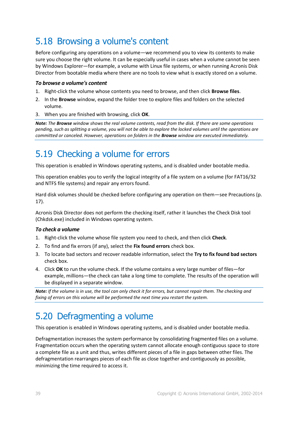18 browsing a volume's content, 19 checking a volume for errors, 20 defragmenting a volume | Browsing a volume's content, Checking a volume for errors, Defragmenting a volume, P. 39) | Acronis Disk Director 12 - User Guide User Manual | Page 39 / 80