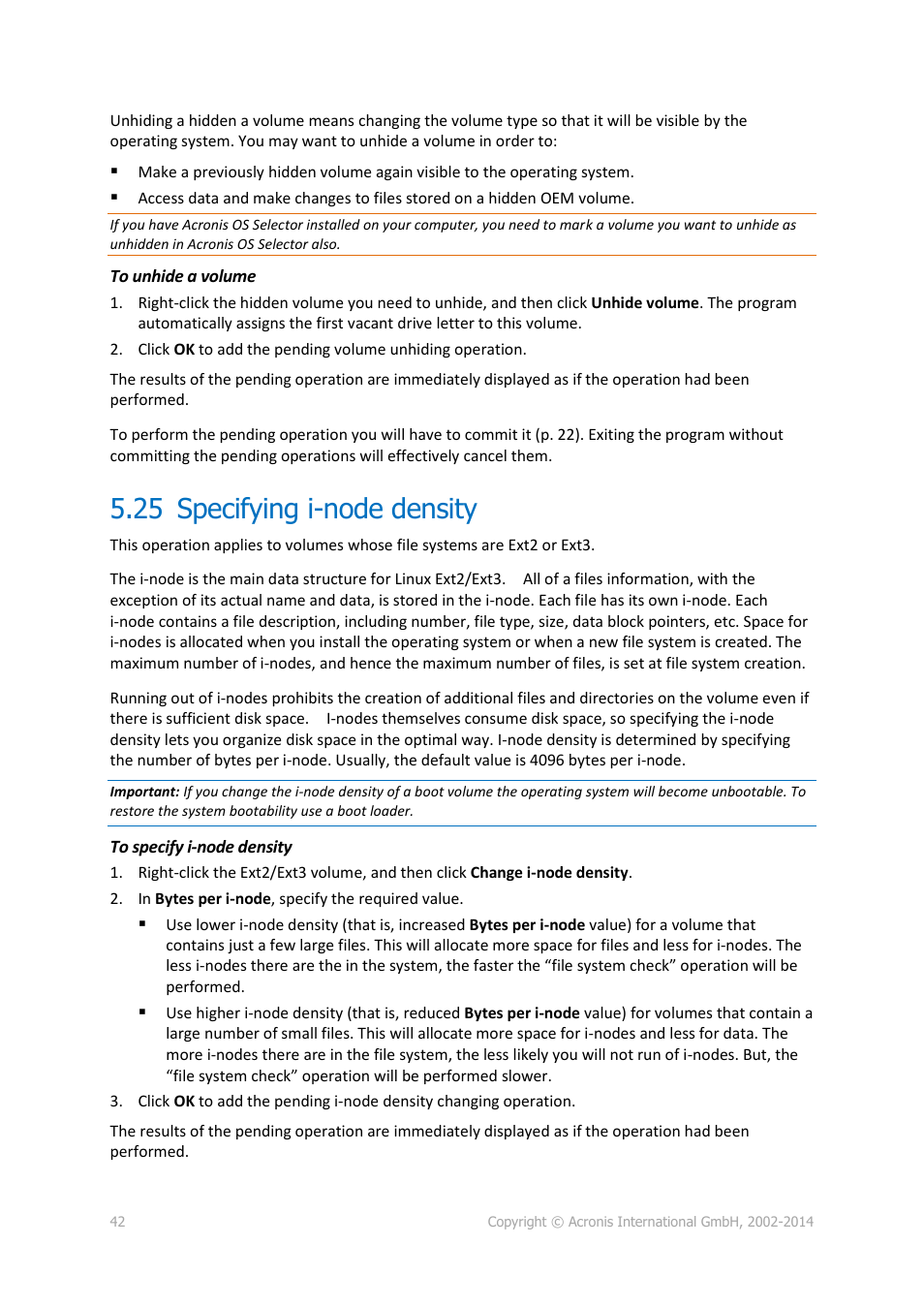 25 specifying i-node density, Specifying i-node density | Acronis Disk Director 12 - User Guide User Manual | Page 42 / 80