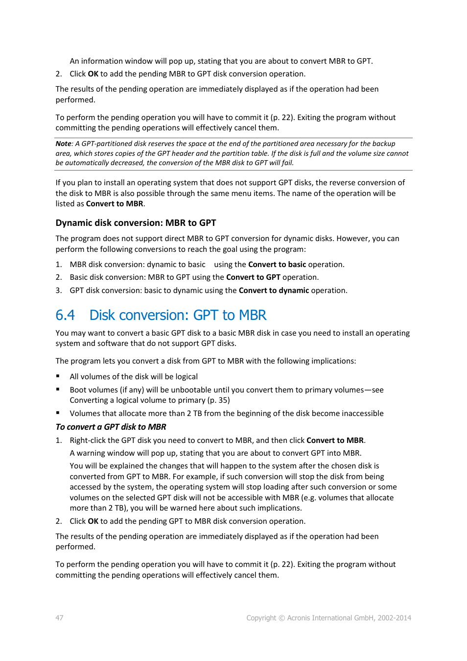 4 disk conversion: gpt to mbr, Disk conversion: gpt to mbr | Acronis Disk Director 12 - User Guide User Manual | Page 47 / 80