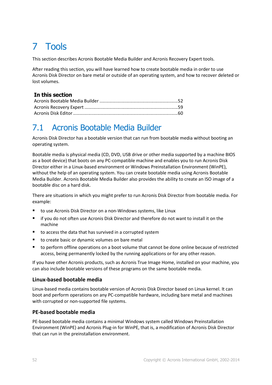 7 tools, 1 acronis bootable media builder, Tools | Acronis bootable media builder, P. 52)) | Acronis Disk Director 12 - User Guide User Manual | Page 52 / 80