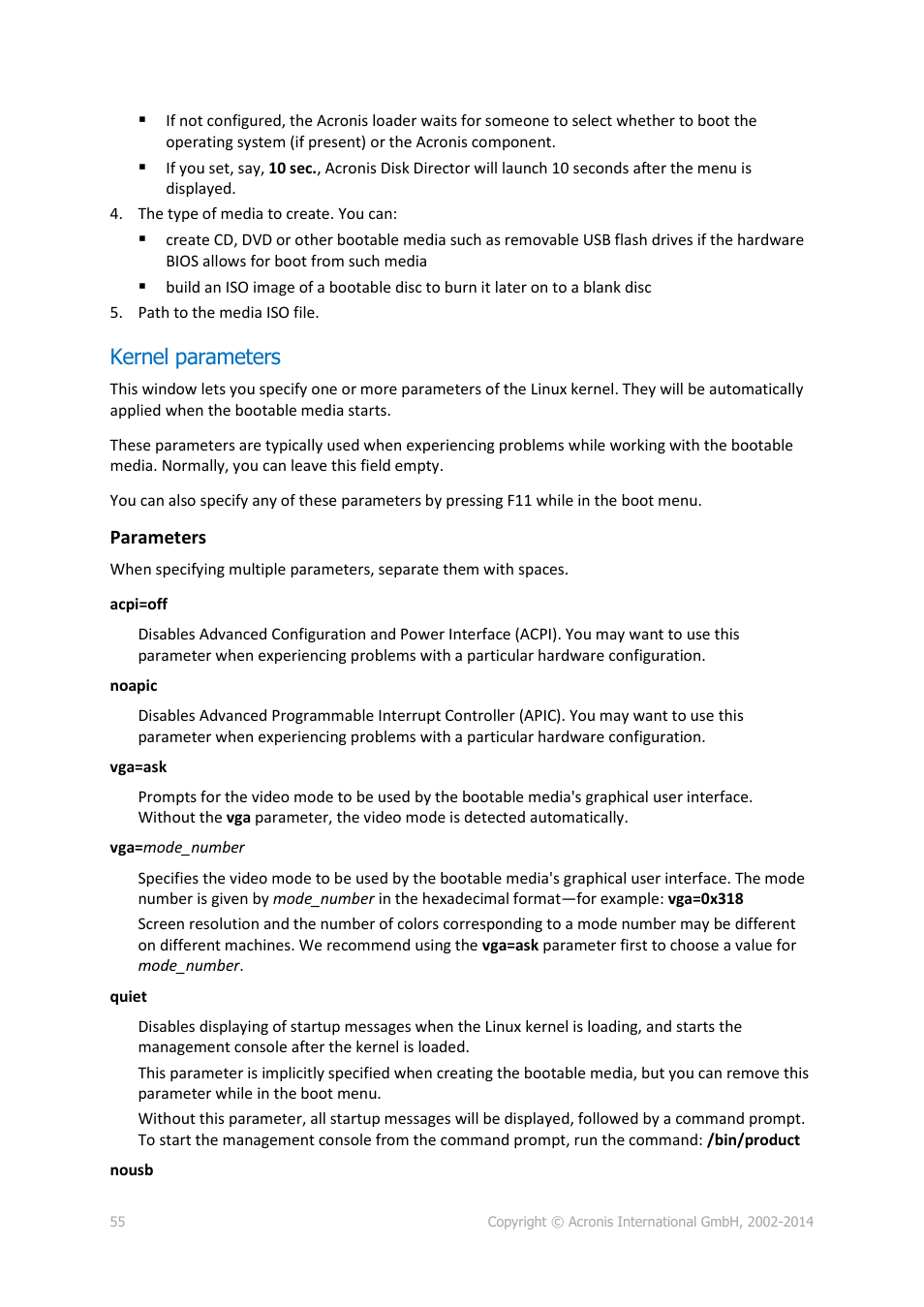 Kernel parameters | Acronis Disk Director 12 - User Guide User Manual | Page 55 / 80