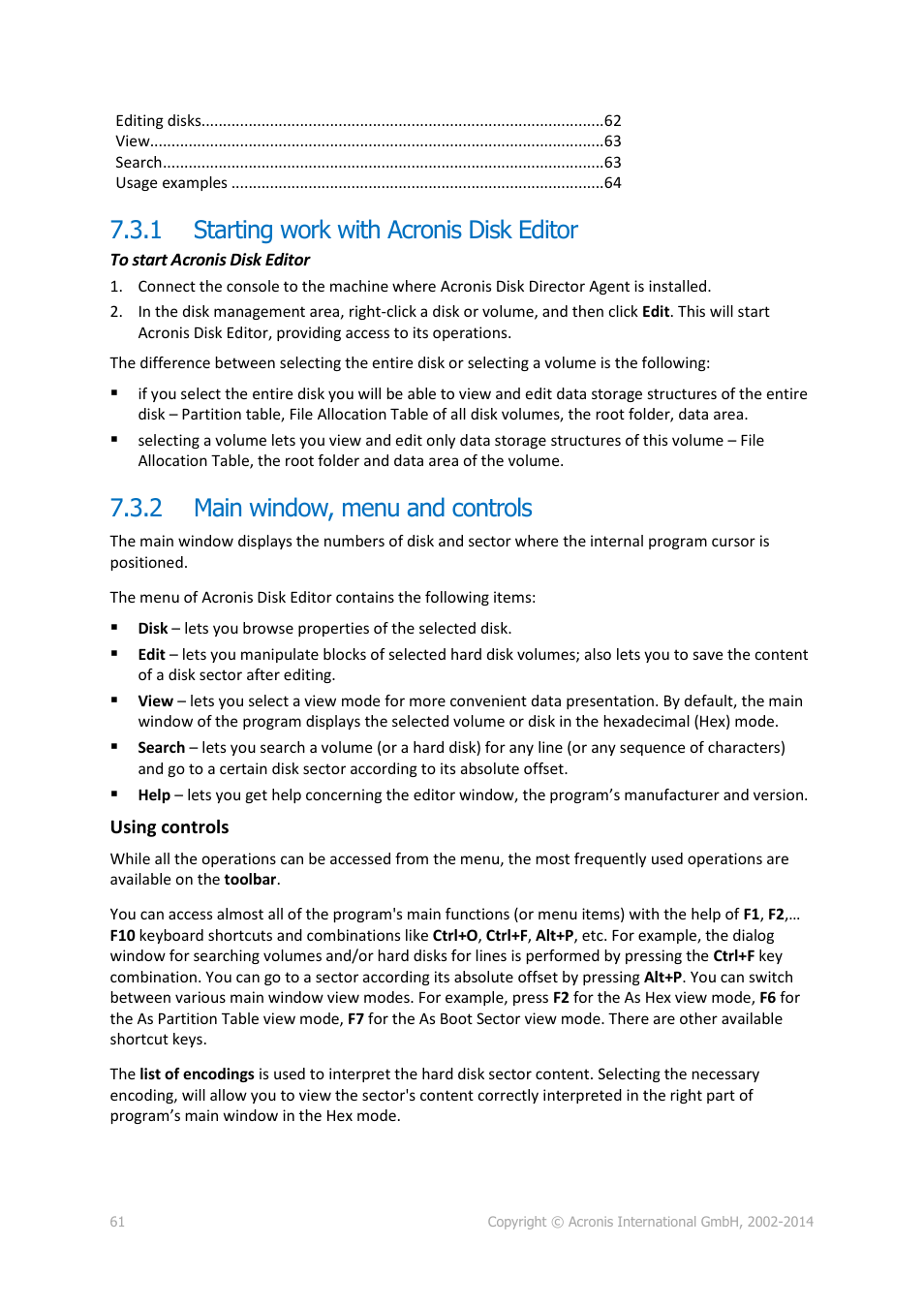 1 starting work with acronis disk editor, 2 main window, menu and controls, Starting work with acronis disk editor | Main window, menu and controls | Acronis Disk Director 12 - User Guide User Manual | Page 61 / 80