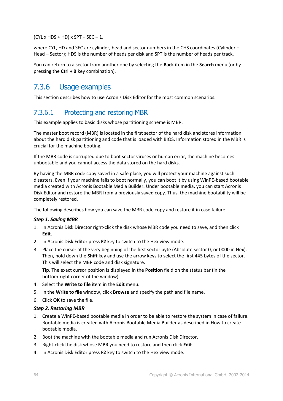 6 usage examples, 1 protecting and restoring mbr, Usage examples | Acronis Disk Director 12 - User Guide User Manual | Page 64 / 80