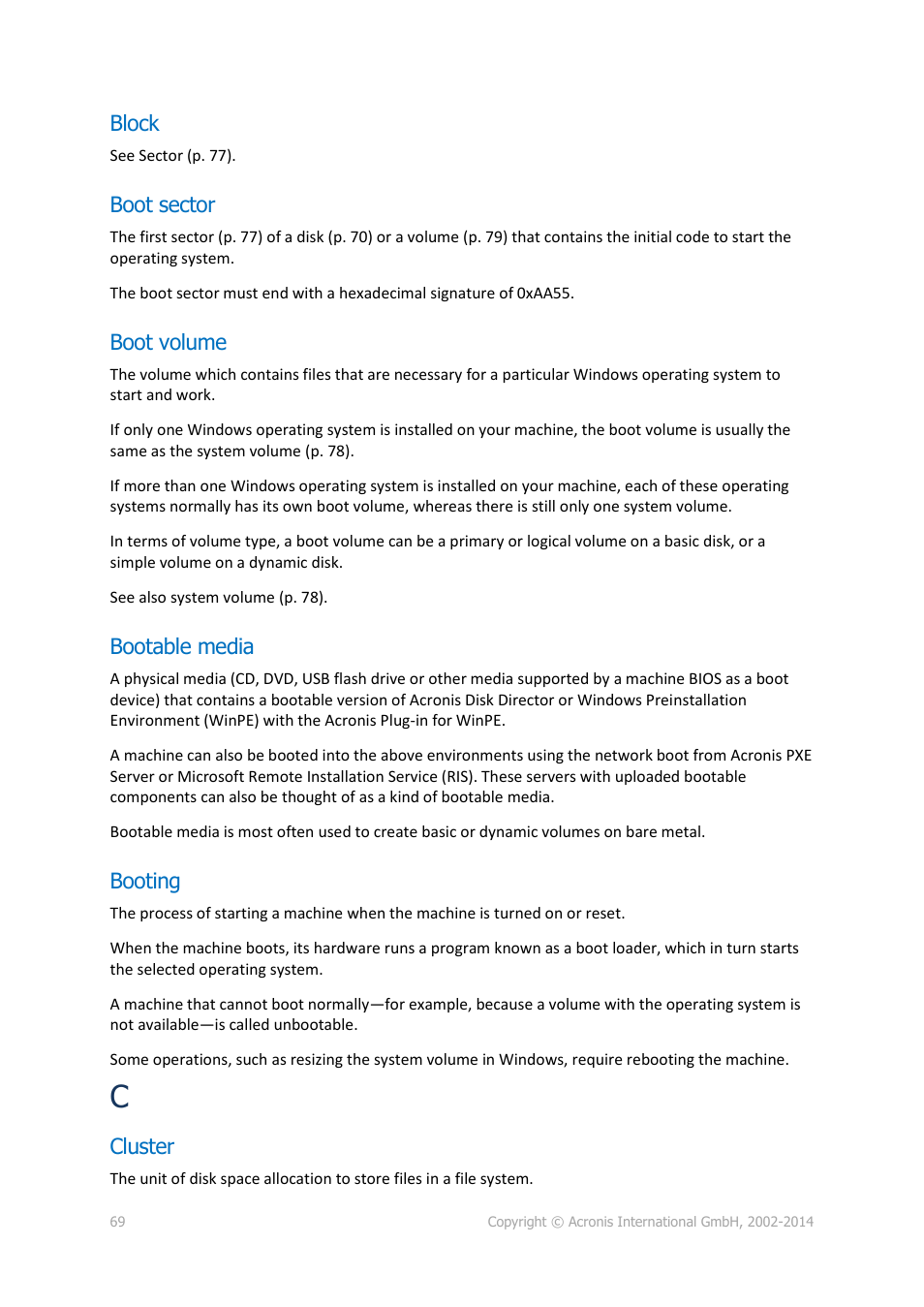 Block, Boot sector, Boot volume | Bootable media, Booting, Cluster, P. 69) | Acronis Disk Director 12 - User Guide User Manual | Page 69 / 80