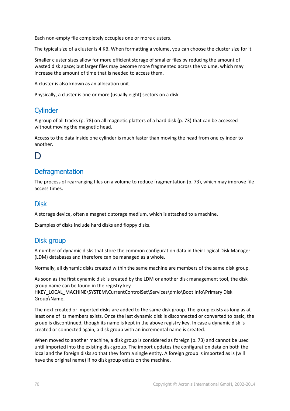 Cylinder, Defragmentation, Disk | Disk group, P. 70) | Acronis Disk Director 12 - User Guide User Manual | Page 70 / 80
