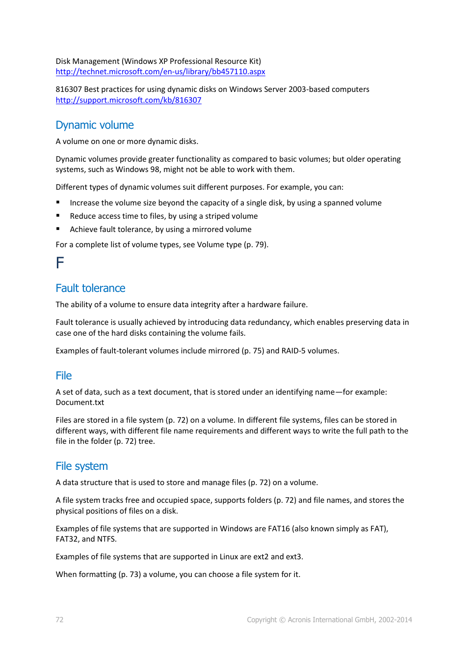 Dynamic volume, Fault tolerance, File | File system | Acronis Disk Director 12 - User Guide User Manual | Page 72 / 80