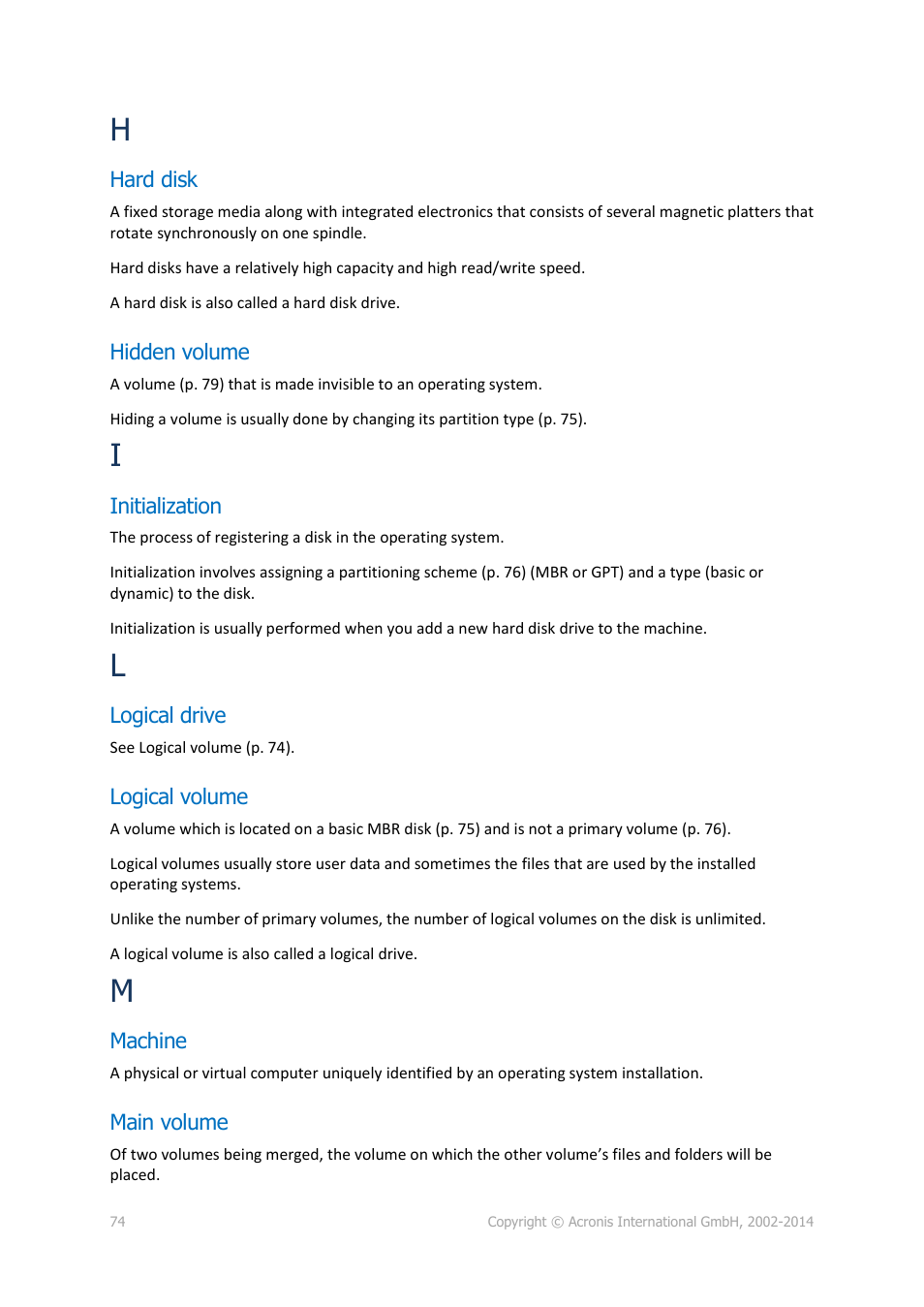 Hard disk, Hidden volume, Initialization | Logical drive, Logical volume, Machine, Main volume | Acronis Disk Director 12 - User Guide User Manual | Page 74 / 80