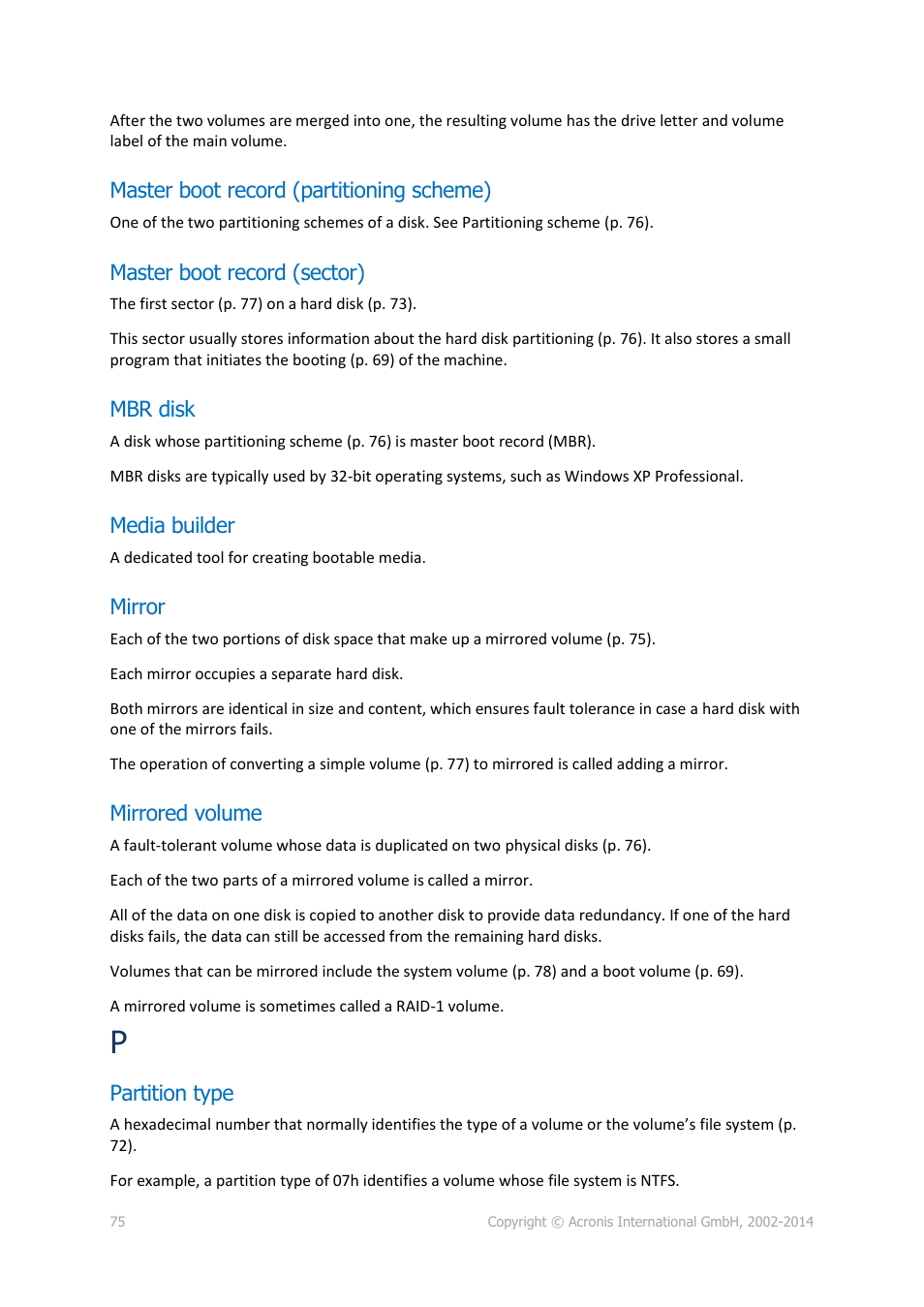 Master boot record (partitioning scheme), Master boot record (sector), Mbr disk | Media builder, Mirror, Mirrored volume, Partition type, P. 75) | Acronis Disk Director 12 - User Guide User Manual | Page 75 / 80