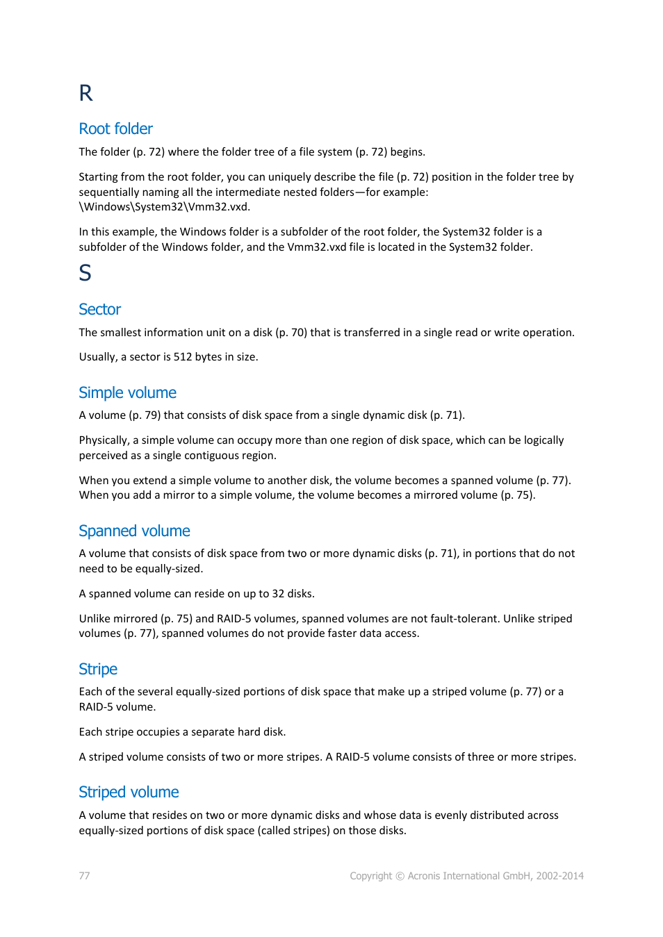 Root folder, Sector, Simple volume | Spanned volume, Stripe, Striped volume, P. 77) | Acronis Disk Director 12 - User Guide User Manual | Page 77 / 80