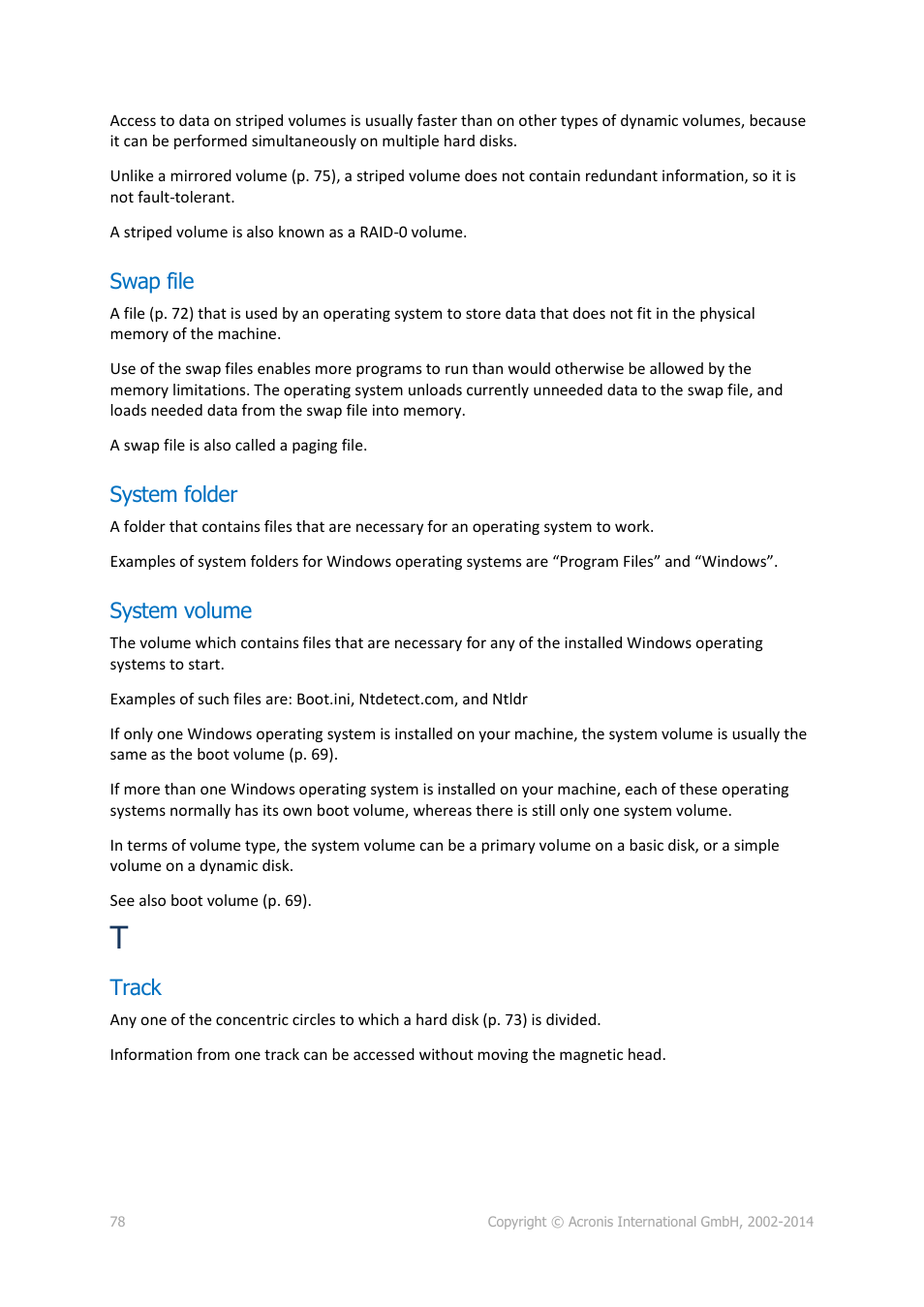 Swap file, System folder, System volume | Track, P. 78) | Acronis Disk Director 12 - User Guide User Manual | Page 78 / 80
