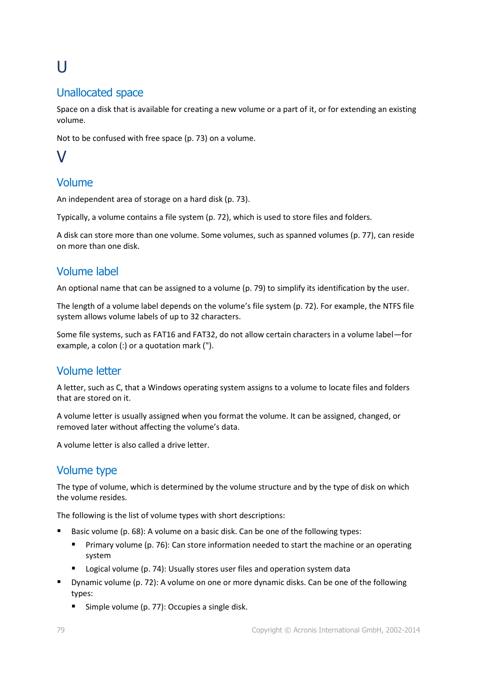 Unallocated space, Volume, Volume label | Volume letter, Volume type, P. 79) | Acronis Disk Director 12 - User Guide User Manual | Page 79 / 80