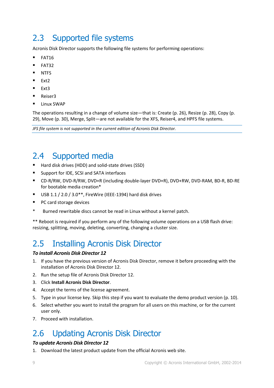 3 supported file systems, 4 supported media, 5 installing acronis disk director | 6 updating acronis disk director, Supported file systems, Supported media, Installing acronis disk director, Updating acronis disk director | Acronis Disk Director 12 - User Guide User Manual | Page 9 / 80