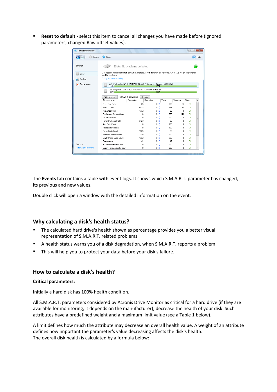 Events, Health calculating, 3 events | 4 health calculating | Acronis Drive Monitor - User Guide User Manual | Page 11 / 25