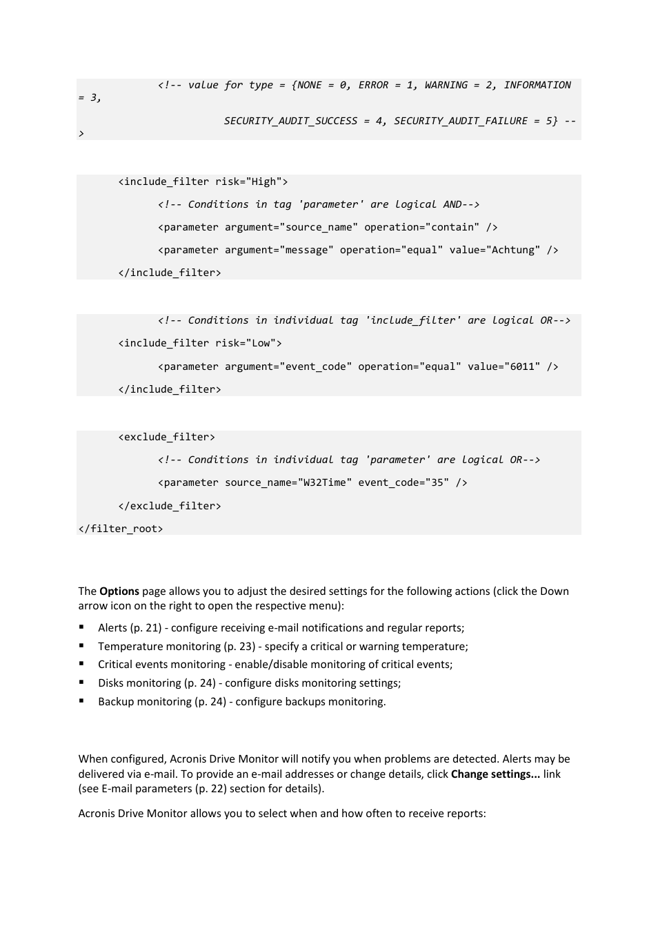 Options, Alerts, 5 options | 1 alerts | Acronis Drive Monitor - User Guide User Manual | Page 21 / 25