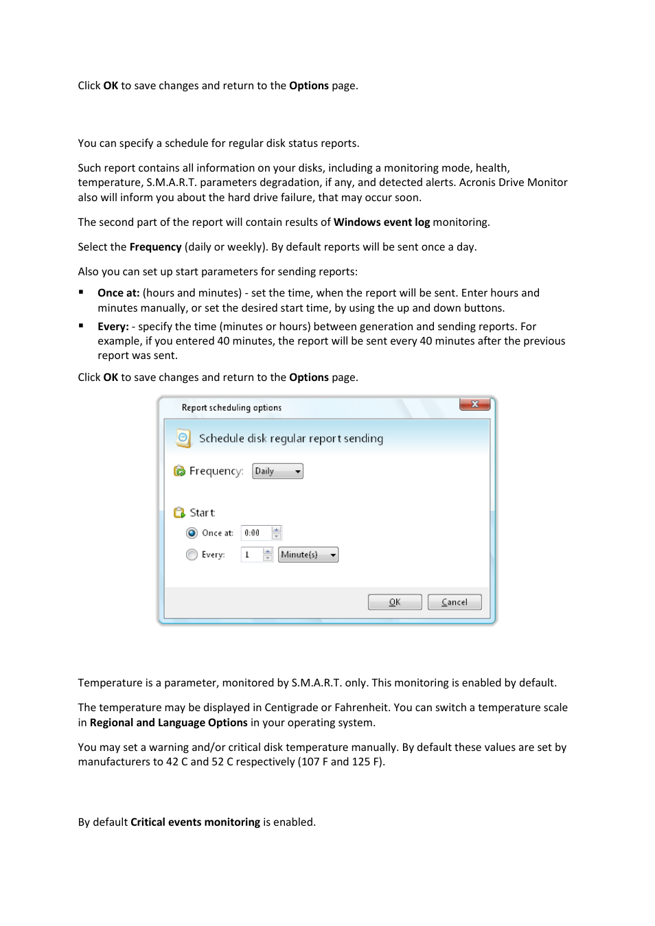 Regular reports schedule, Temperature monitoring, Critical events monitoring | 2 temperature monitoring, 3 critical events monitoring, 2 regular reports schedule | Acronis Drive Monitor - User Guide User Manual | Page 23 / 25