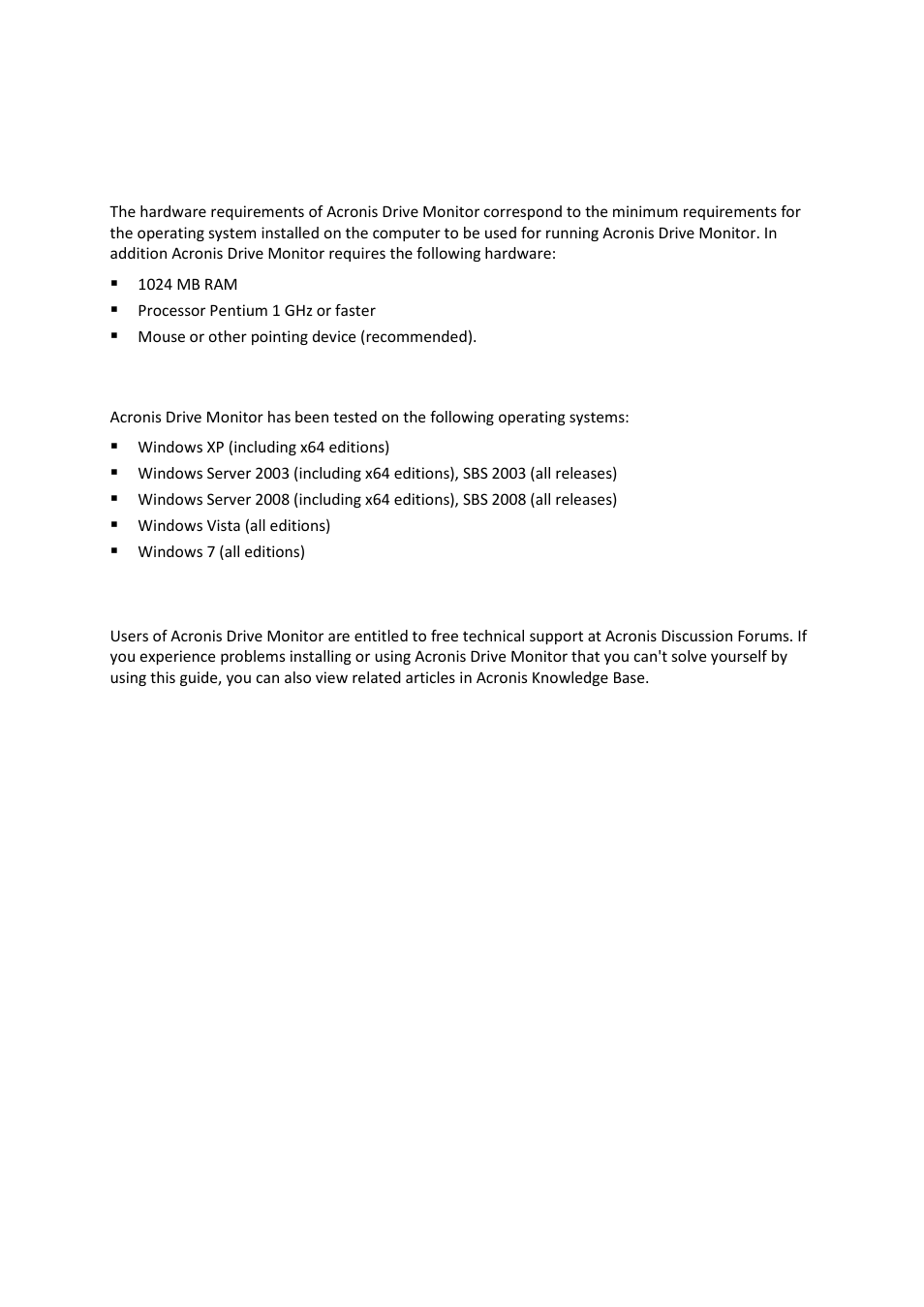 System requirements and supported media, Minimum system requirements, Supported operating systems | Technical support, 3 system requirements and supported media, 4 technical support, 1 minimum system requirements, 2 supported operating systems | Acronis Drive Monitor - User Guide User Manual | Page 5 / 25