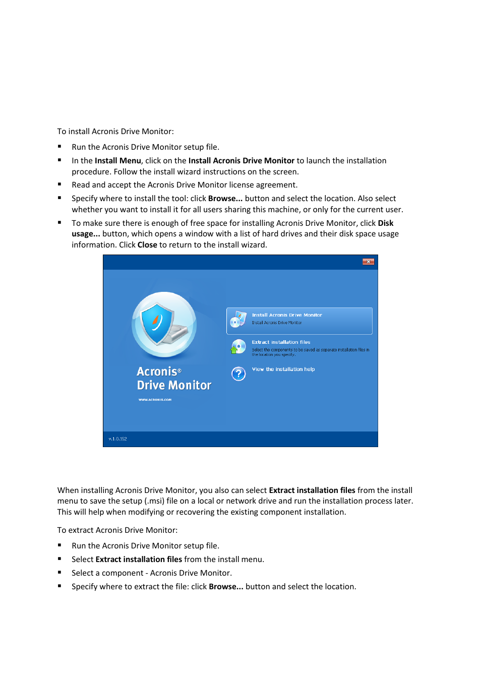 Acronis drive monitor installation and startup, Installing acronis drive monitor, Extracting acronis drive monitor | 2 acronis drive monitor installation and startup, 1 installing acronis drive monitor, 2 extracting acronis drive monitor | Acronis Drive Monitor - User Guide User Manual | Page 6 / 25