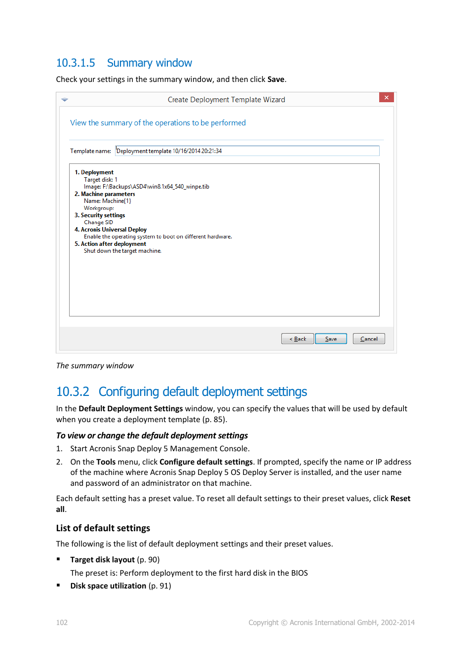5 summary window, 2 configuring default deployment settings | Acronis Snap Deploy 5 - User Guide User Manual | Page 102 / 146